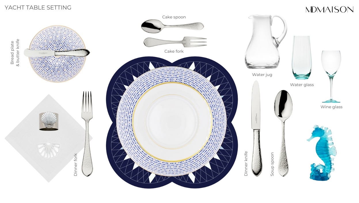 Luxury Table Settings for Yacht with <a href="https://mdmaison.com/brands/robert-haviland-c-parlon/toscana-indigo">Robert Haviland &amp; C. Parlon Toscana Indigo</a>&nbsp;— photo by MDMAISON